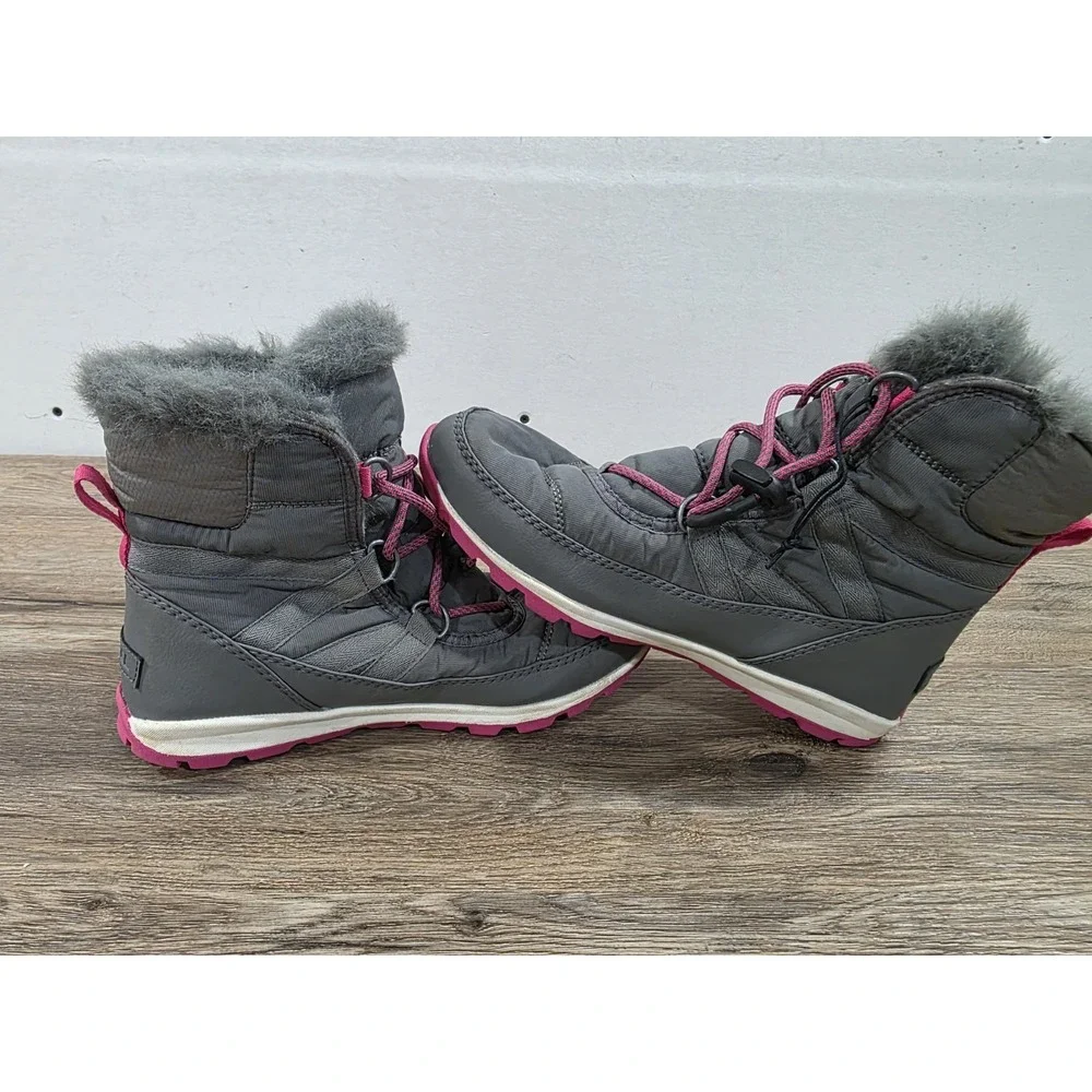 Sorel Youth Girls Pink Grey Whitney Nylon Snow Boots Faux Fur Lined Size 6